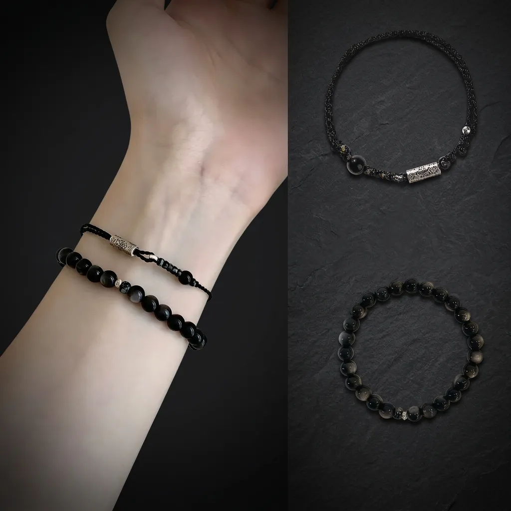 JiStones Celestial Silver Obsidian Bracelet - Handcrafted Protection & Prosperity Jewelry 【Signature Duo】Layered Obsidian & Silver Set
