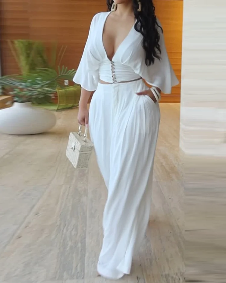 V-neck solid color casual two-piece suit