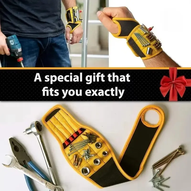 Magnetic tool wristband laid flat with tools and hardware