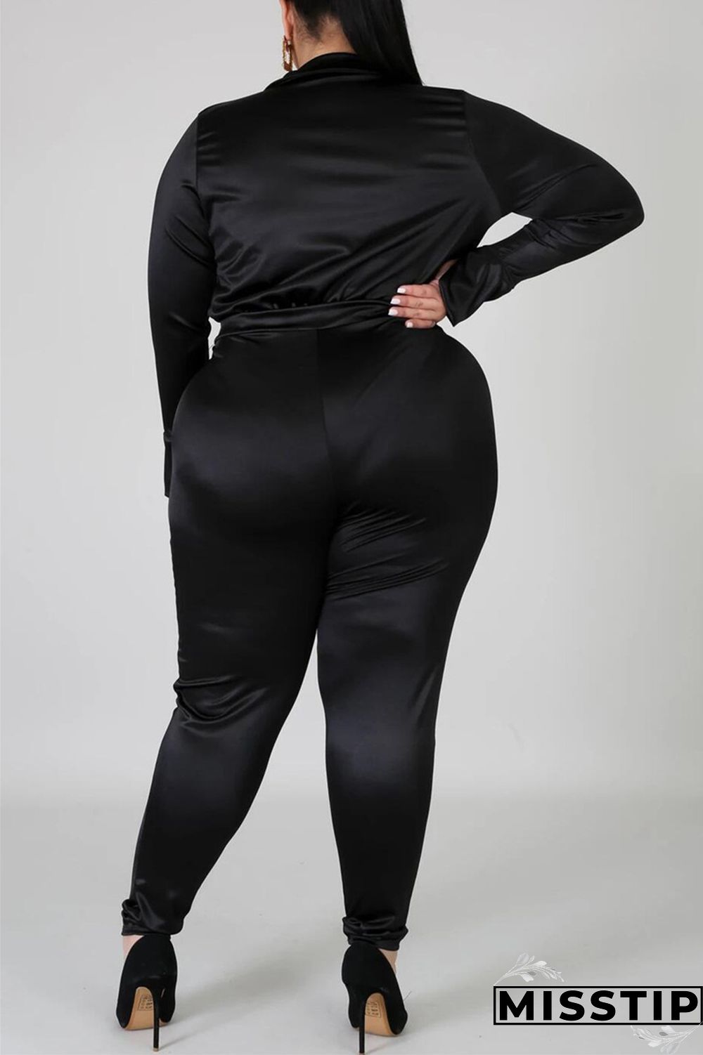 Blue Fashion Casual Solid Basic Turtleneck Plus Size Set