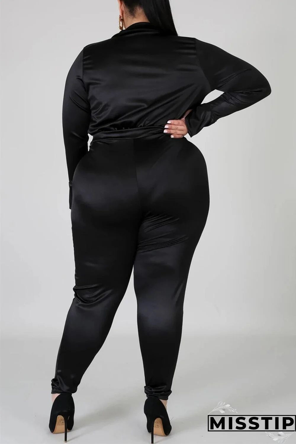 Blue Fashion Casual Solid Basic Turtleneck Plus Size Set