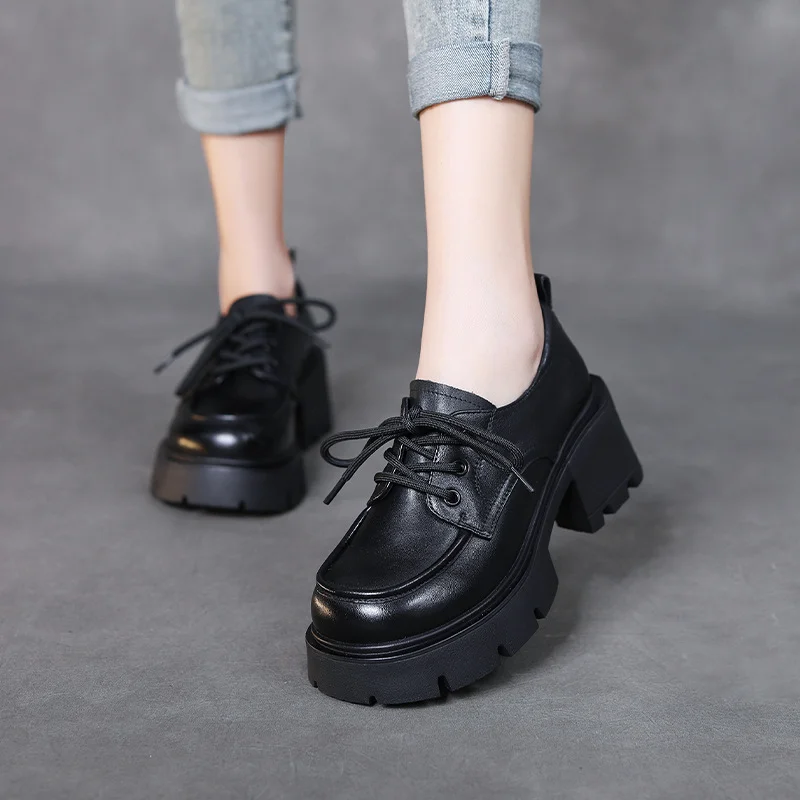 Yyvonne Single Shoe Thick Sole High Heel Year New Leather English Wind Small Leather Shoes Pedalle Shoes