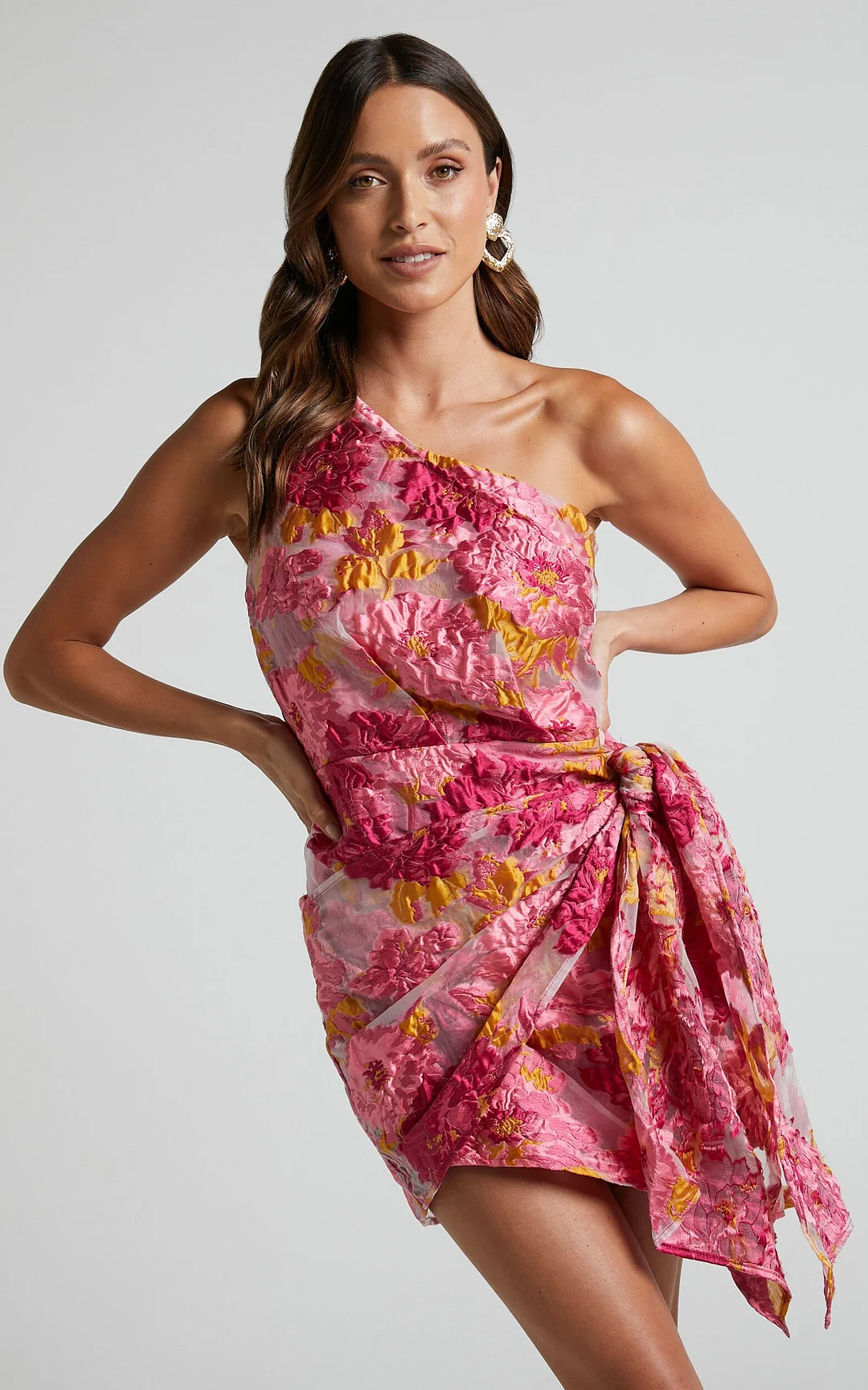 One Shoulder Wrap Front Mini Dress In Pink Jacquard