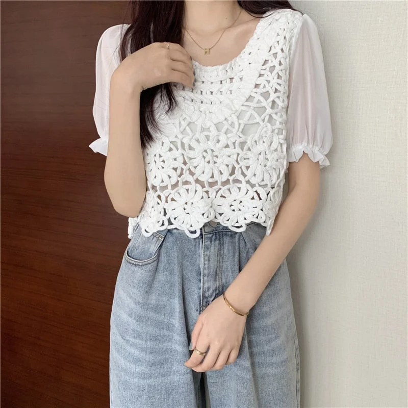 T-Shirts Women Office Lady Sweet Hollow Out Casual O-neck Puff Sleeve Trendy All-match Ins Popular Tops Tee Korean Style Cozy