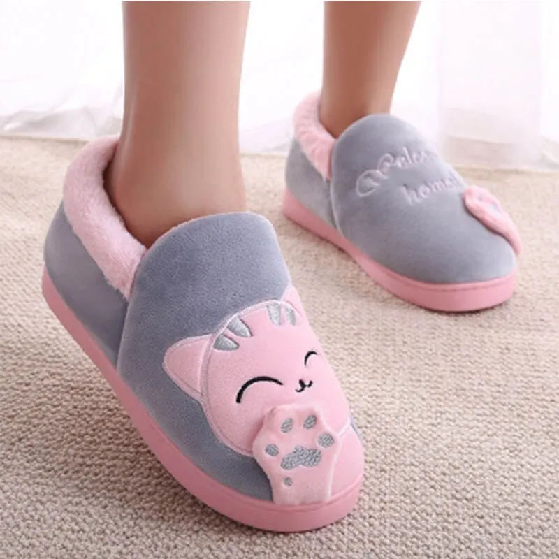 Qengg Women's Plush Slippers Winter House Shoes Women Warm Home Couple Shoes Female Cat Animal Ladies Slip On Flats Woman Plus Size 44