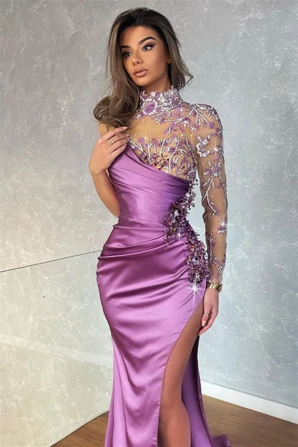 Daisda Appliques Mermaid High Collar Evening Dress With Beadings Split Dark Purple