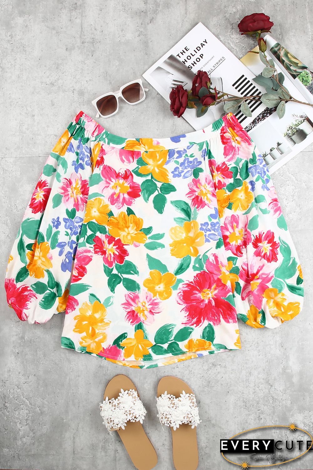 White Water Painting Flowers Sexy Off Shoulder Top