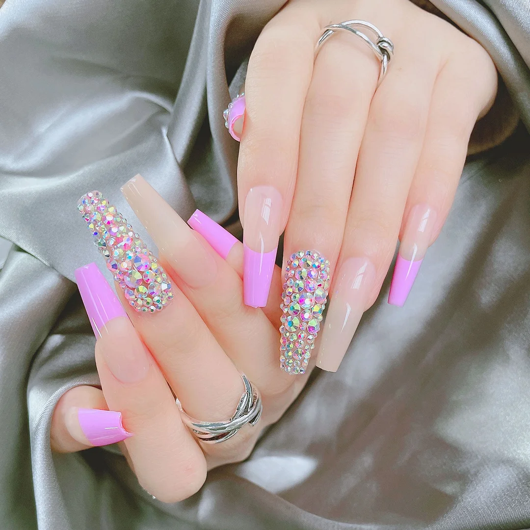 24pc Rhinestone Nail Press Ons Extra Long Coffin 3d Designed Fake Nails Jewel Luxury French Ballerina False Nail Tips Full Cover