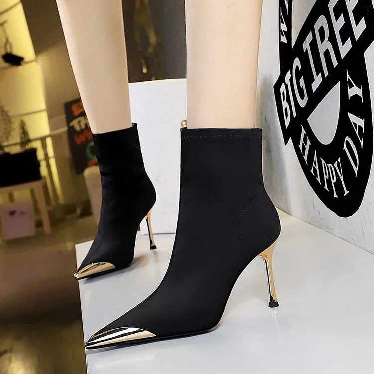 Bigtree Shoes 319-13 European and American Style Fashion Banquet Women's Short Boots Stiletto Heel Elastic Lycra Metal Pointed Ankle Boots