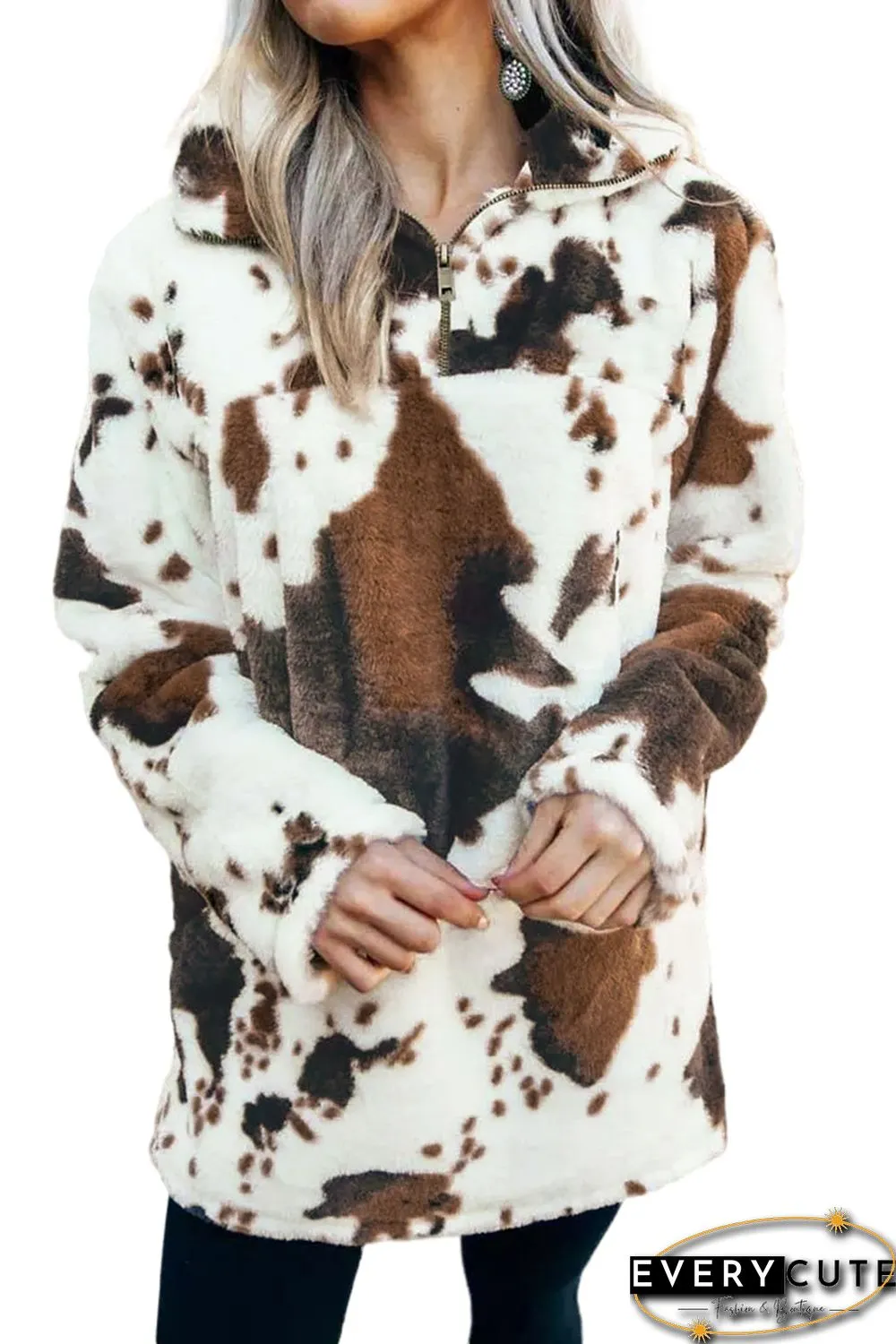 Zip Collar Cow Print Fleece Sweatshirt