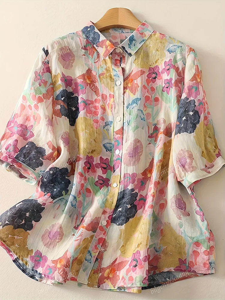 Women's Floral Print Loose Roll-Neck Button- Shirt, Elegant Casual Short-Sleeved Top, Suitable For Spring