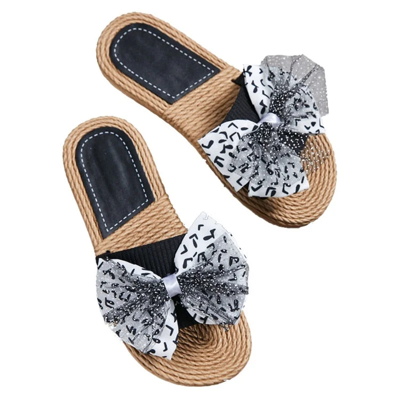 New Women Variety Of Colors Bow Home Slipper Indoor Bedroom Linen Slides Soft Lightweight Casual Shoes Flax Comfortable hy447