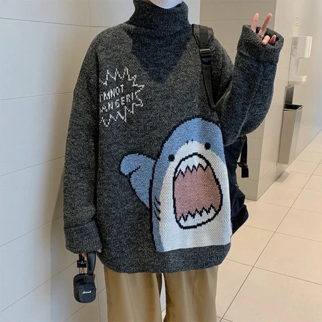 Men Turtlenecks Shark Sweater Men 2023 Spring Patchwor Harajuku Korean Style High Neck Oversized Grey Turtleneck For Men