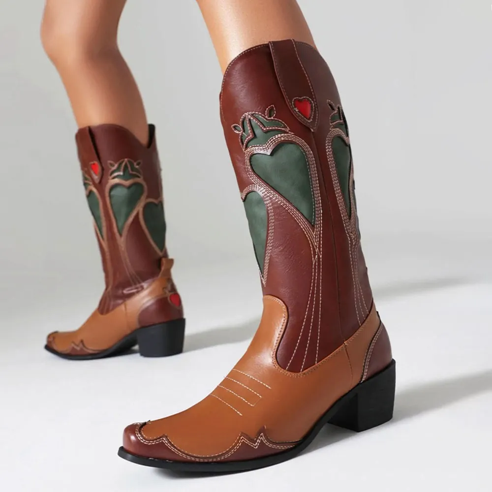 Tan & Brown Block Heel Patchwork Mid Calf Snip Toe Western Boots