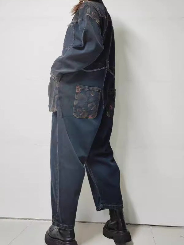 Women's Floral Printed Gradient Casual Retro Wide-leg Workwear Denim Overalls Jumpsuit