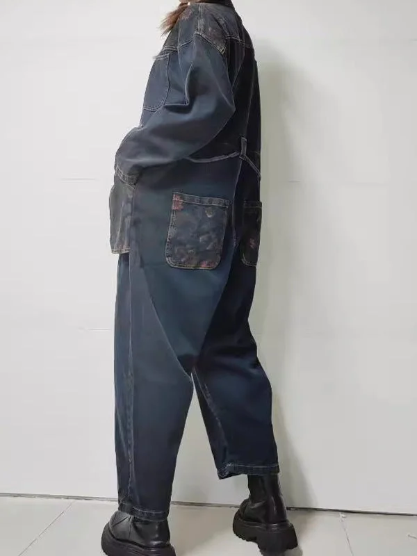 Women's Floral Printed Gradient Casual Retro Wide-leg Workwear Denim Overalls Jumpsuit