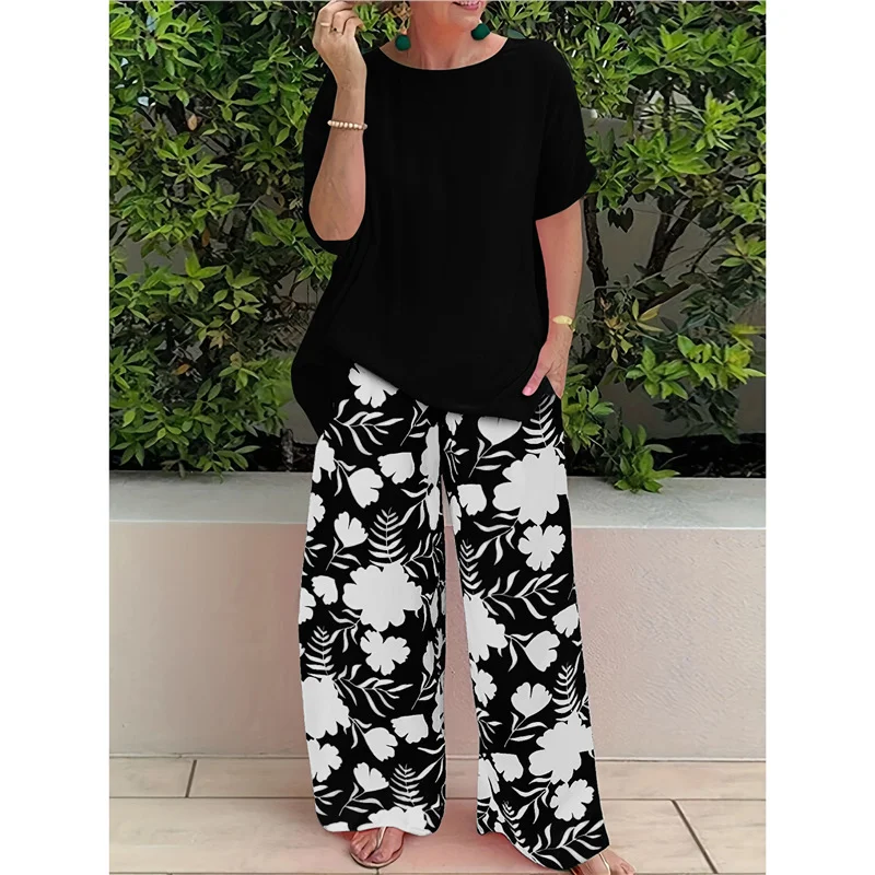 Athvotar Athvotar Plus Code Lady Two-Set Set Of Stylish Short-Sleeved Round Collar Top Wide Leg Trousers Print Casual Dress
