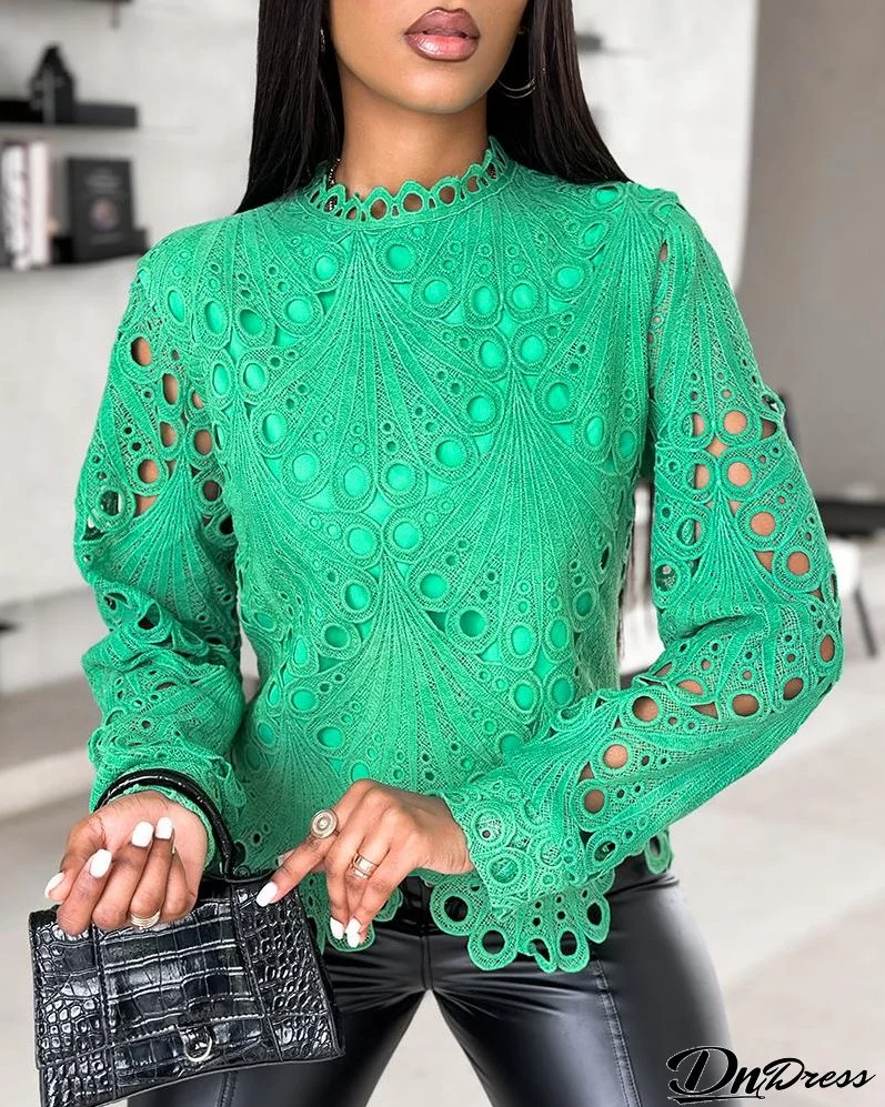 Stand Collar Lace Asymmetrical Hem Top