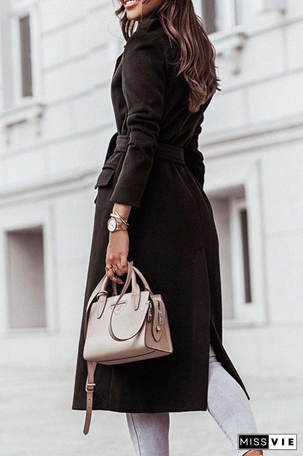 Casual Elegant With Belt Turn-back Collar Outerwear(4 Colors)