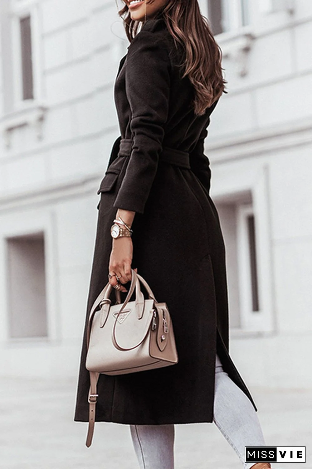 Casual Elegant With Belt Turn-back Collar Outerwear(4 Colors)