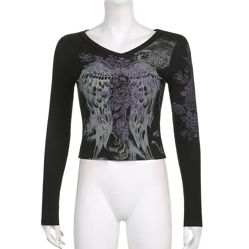 Xingqing Angel Wings Print Tops Fairy Grunge Graphic T Shirts Vintage Indie Aesthetic Clothes Cyber Y2k Slim Long Sleeve Top