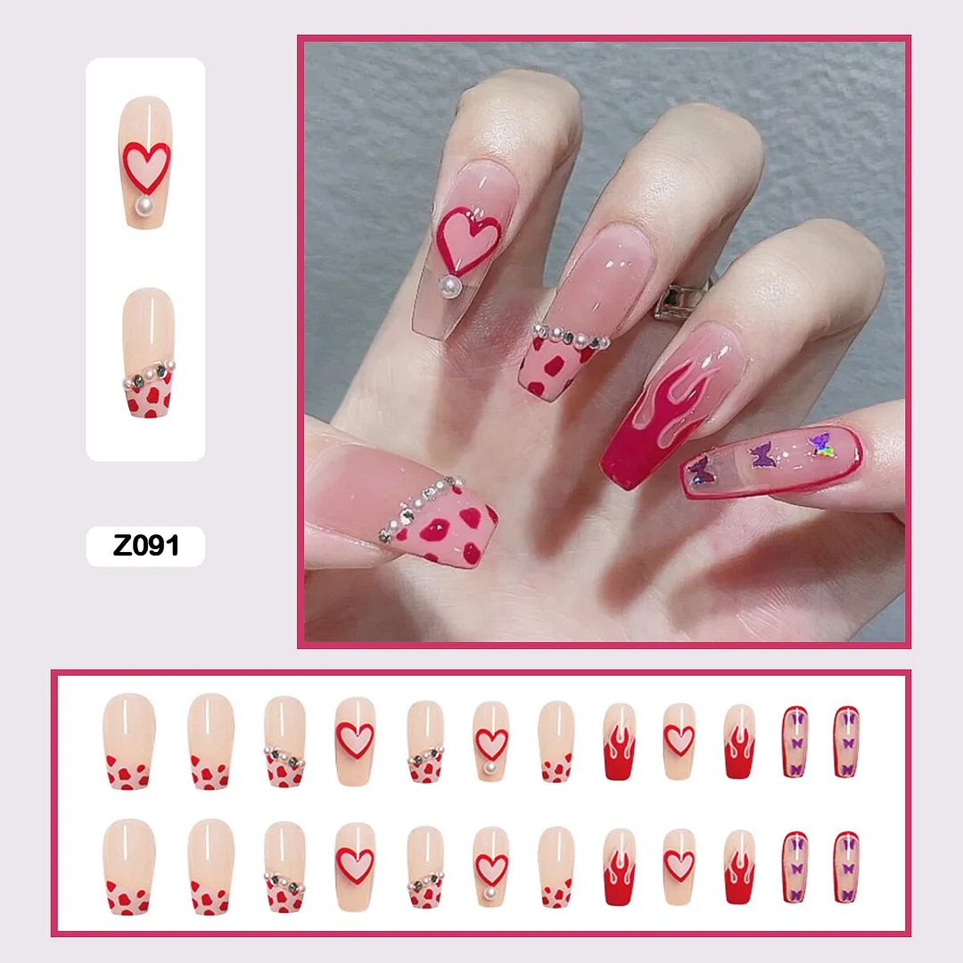Personality Graffiti Flame Sweet Cool Girl False Nail Art Fake Nails With Glue And Sticker 24pcs/box-Nail Inspo