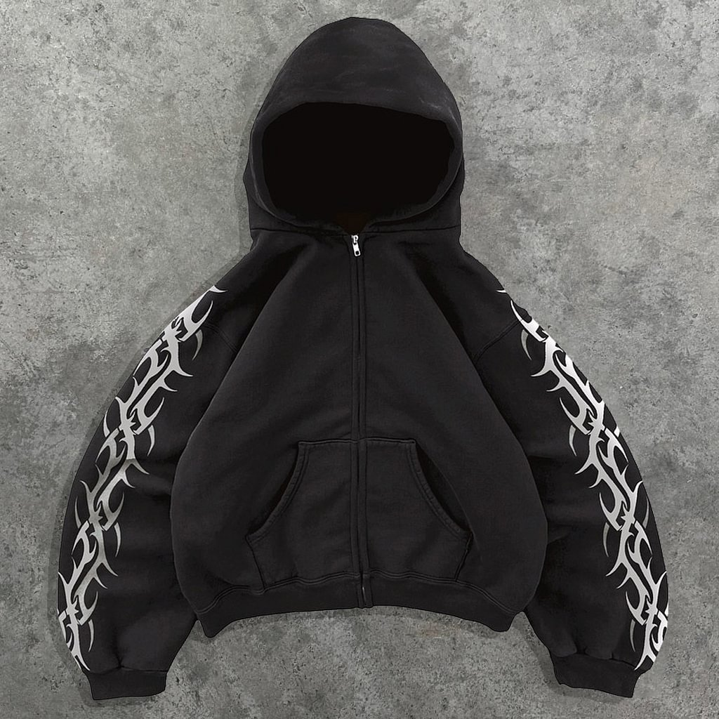 Vintage Chain Graphic Print Hip Hop Oversized Zip Up Hoodie