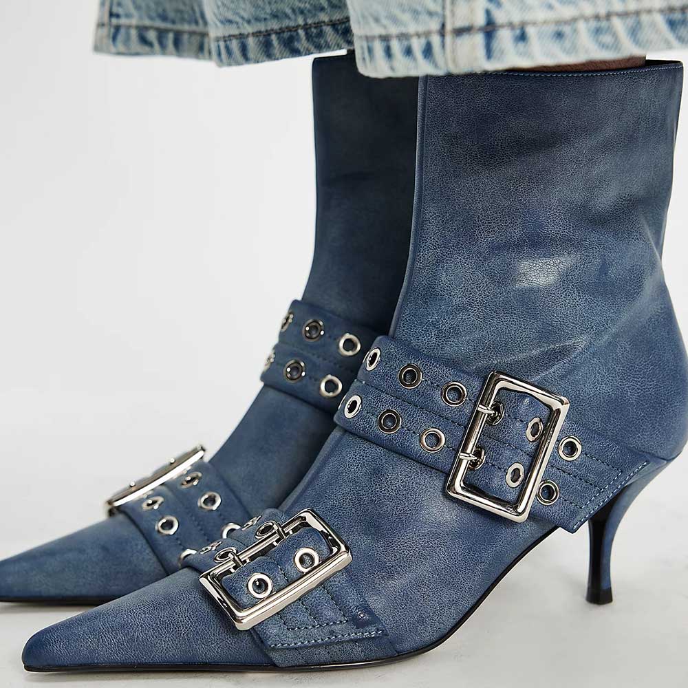 Blue Distressed Buckle Pointed Toe Kitten Heeled Boots with Zipper Nicepairs