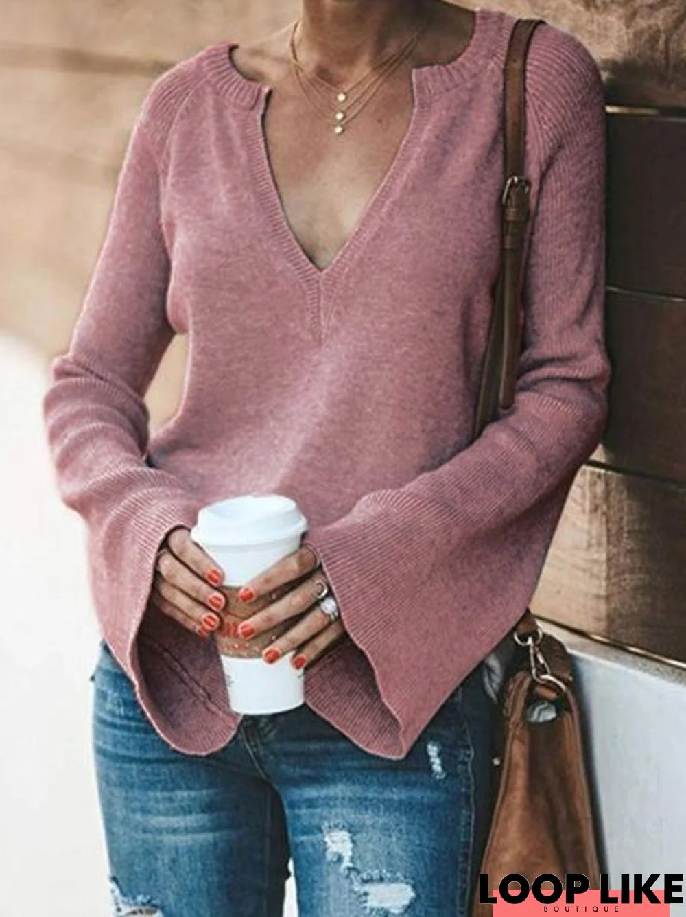Loose V Neck Casual Solid Tunic Sweater Knit Jumper