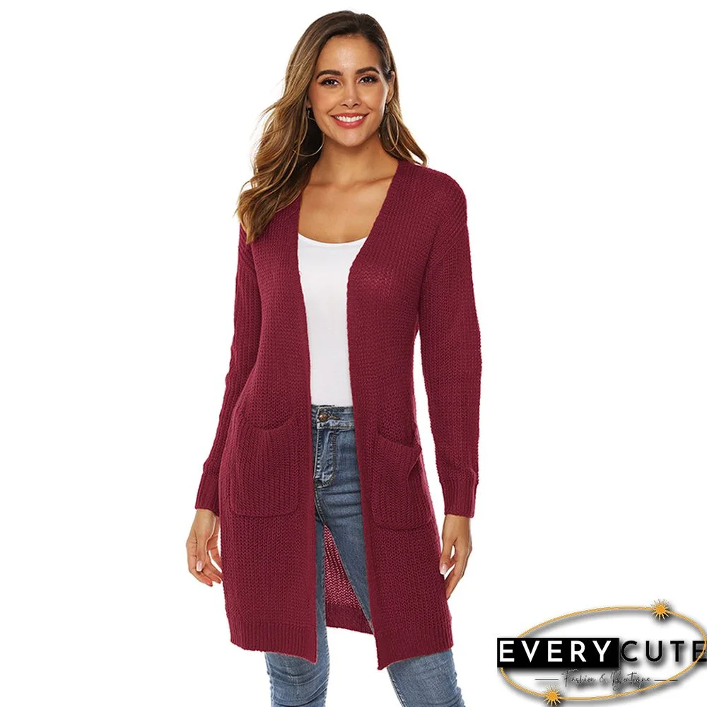 Wine Red Open Front Cardigan With Pockets