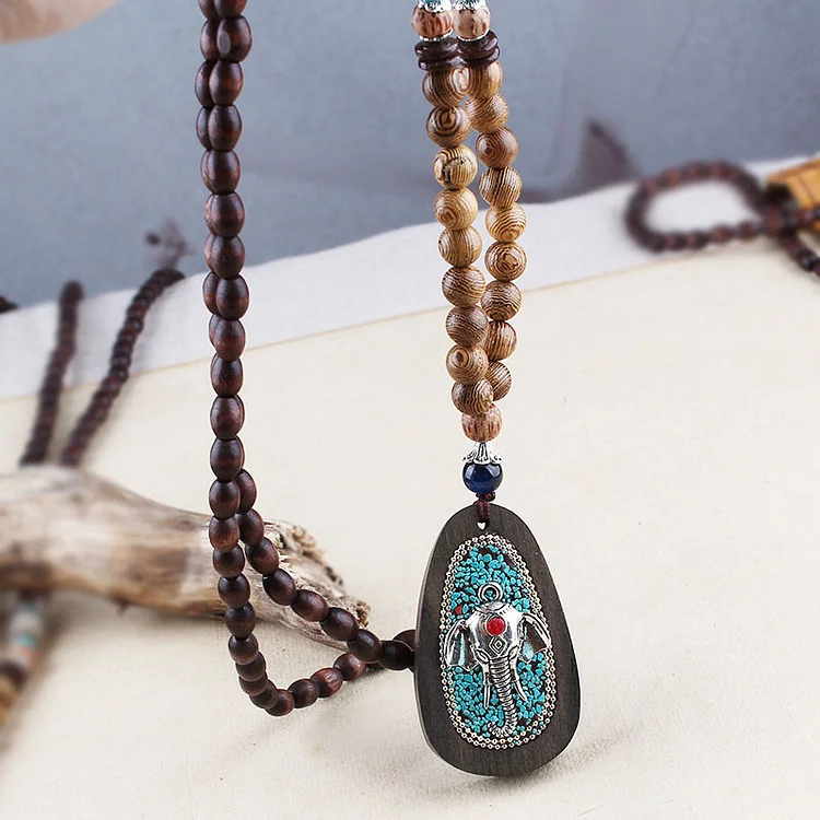 Ethnic style retro wooden bead necklace