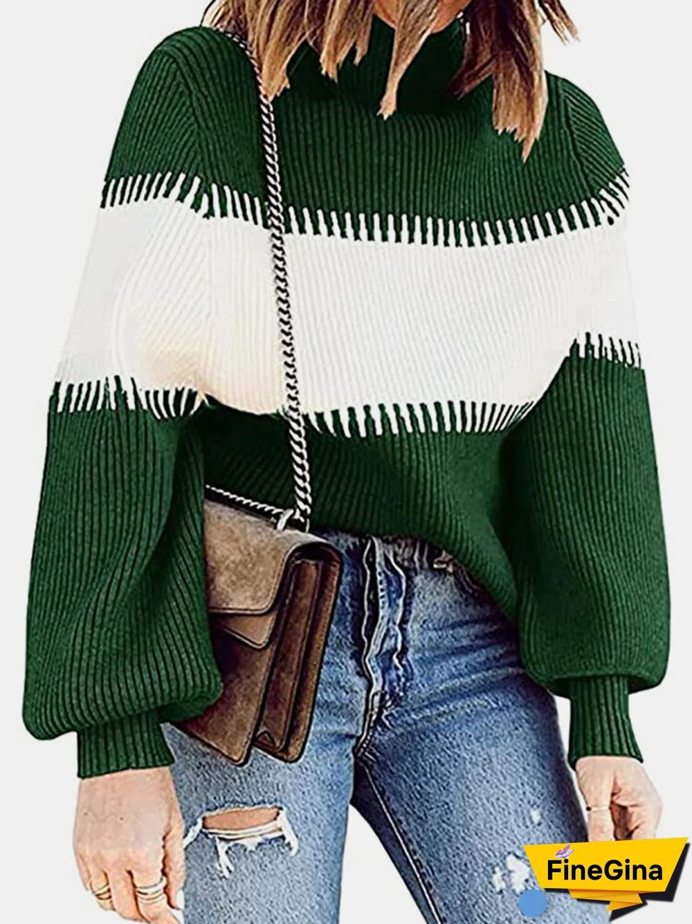 Contrast Color Lantern Sleeve O-neck Sweater For Women