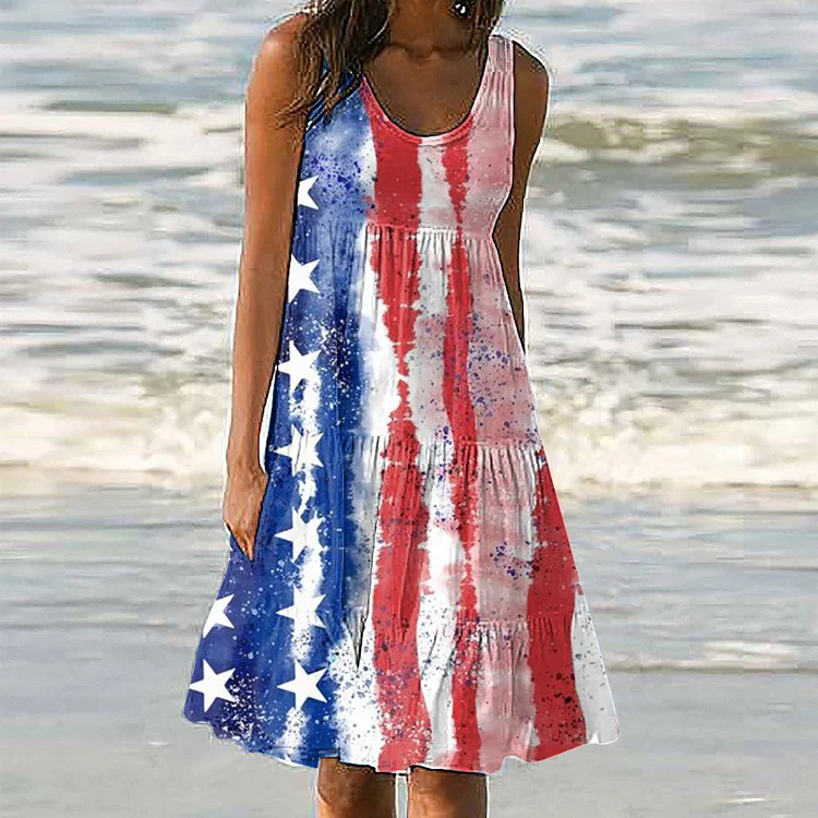Comstylish 4th of July USA Independence Day Flag Sleeveless Midi Dress