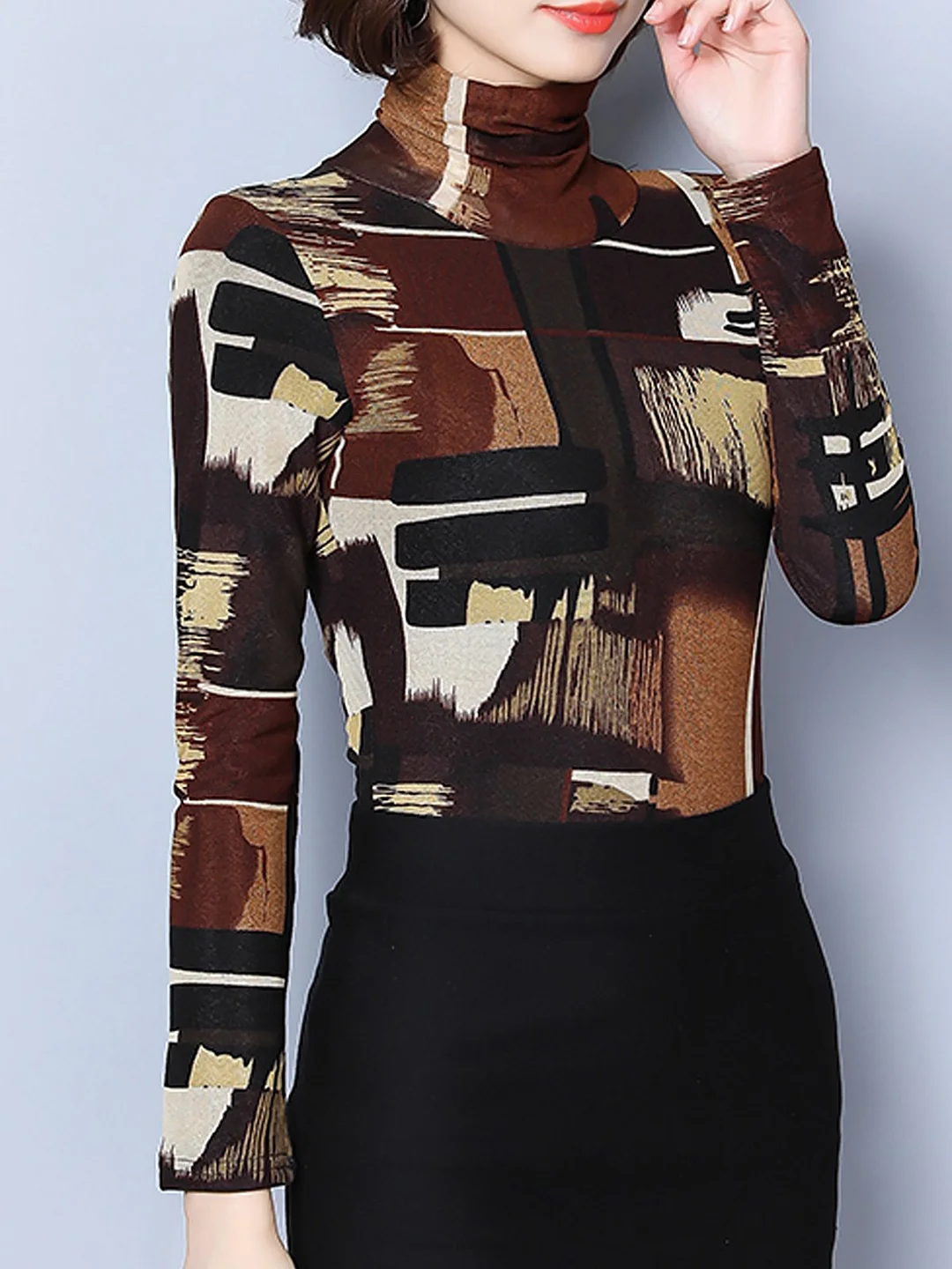 Turtle Neck Printed Color-block T-Shirt