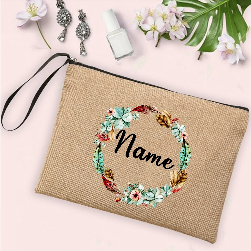 Flower Custom Name Cosmetic Bag Bachelorette Party Neceser Makeup Bags Linen Zipper Pouch Toiletry Organizer Bridesmaid Gifts