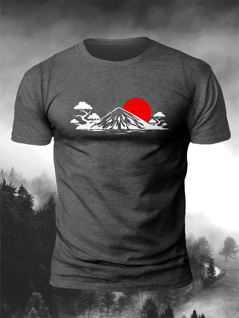 Men's Red Sun Snow Mountain Print Casual Short Sleeve T-shirt