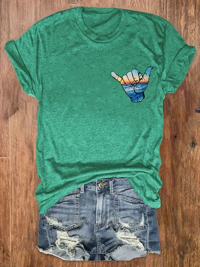 Women's Hawaiian Shaka Gesture Print T-shirt