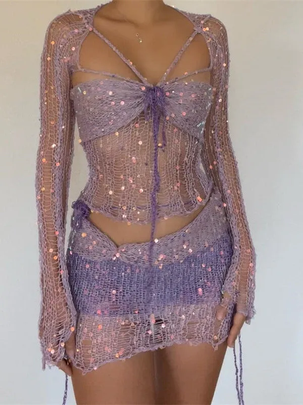 Mesh Sequins Lace up Tube Top & Mini Skirt Coord Set