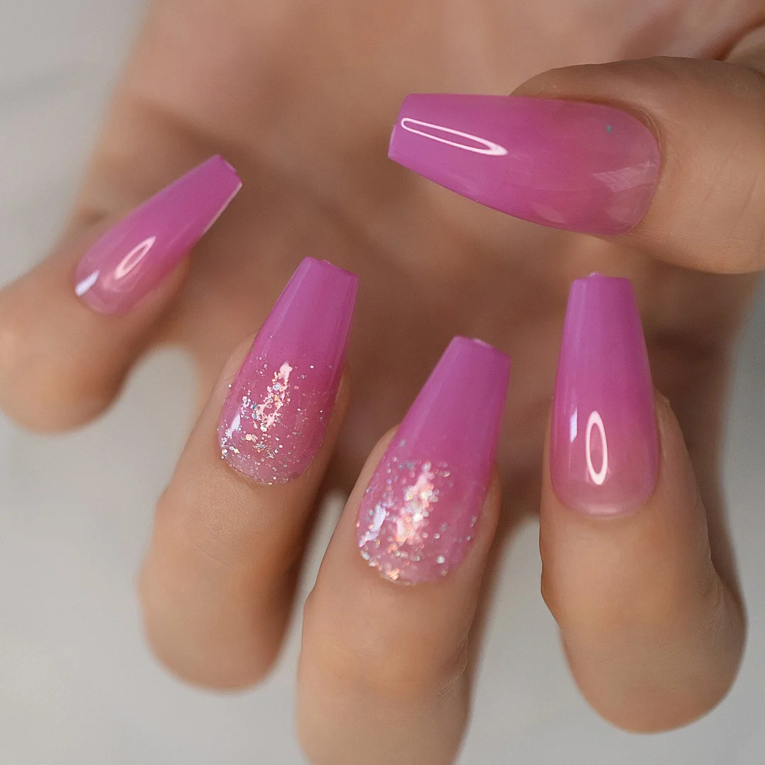 Press On Nails Medium Length Violet Glitter Coffin Ballerina Fake Nails Set Full Cover Gel False Nail Art Women Valse Nagels-Nail Inspo