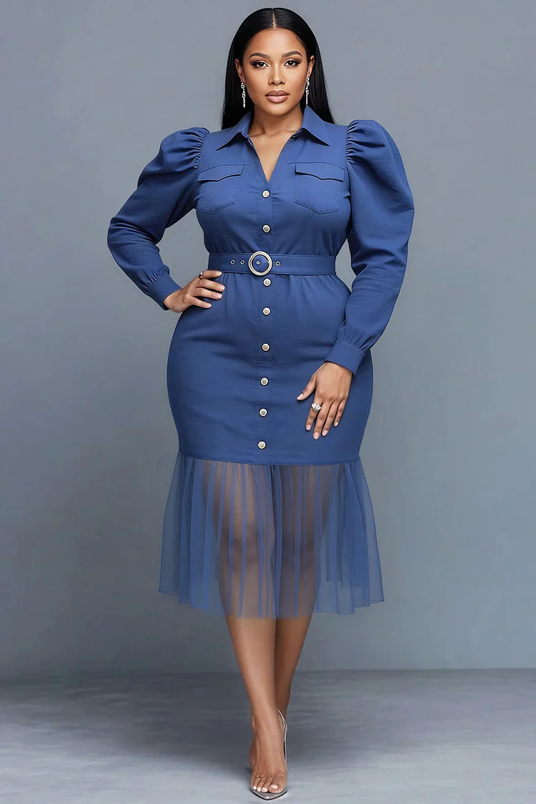 Xpluswear Design Plus Size Business Casual Blue Shirt Collar Long Sleeve Ruffle Elegant Bodycon Tencel Denim Midi Dresses 2024 - Xpluswear