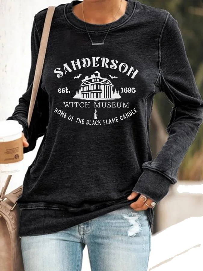 Women's Sanderson Witch Museum Home Of The Black Flame Candle Print Sweatshirt