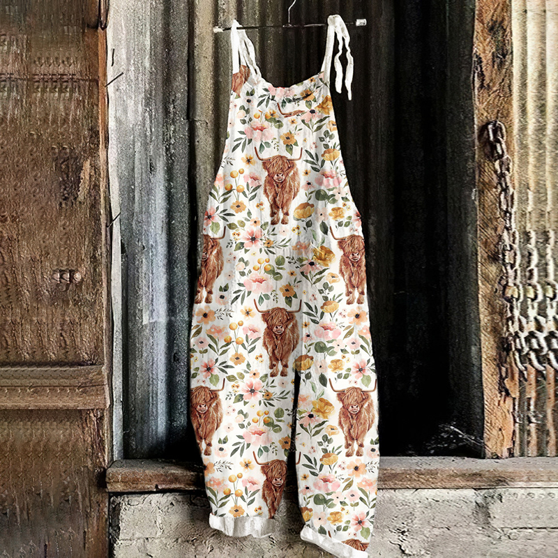 Comstylish Farm Highland Cattle & Flowers Print Casual Jumpsuit