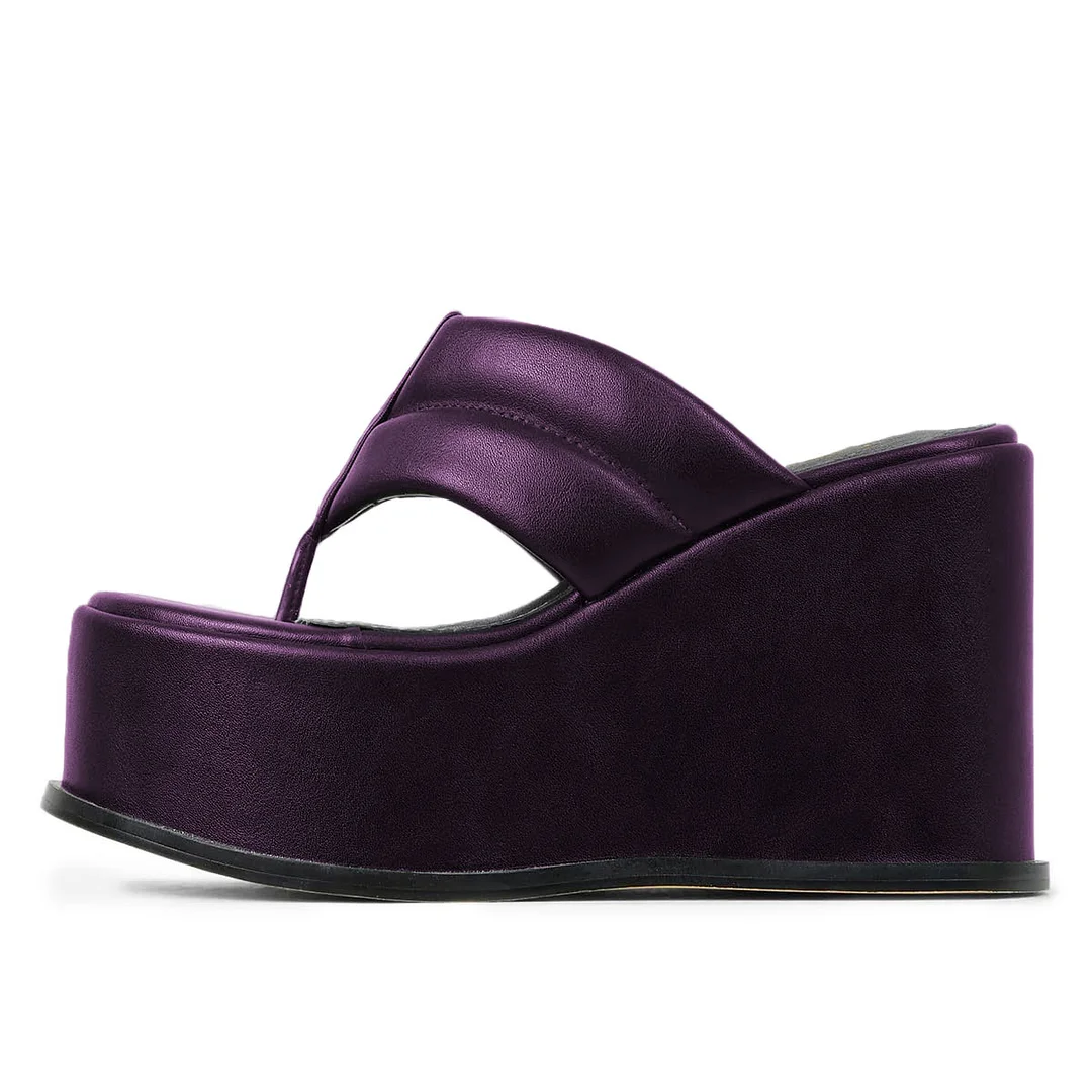 Vegan Leather Round Toe Platform Strappy Wedge Heel Mules in Purple 