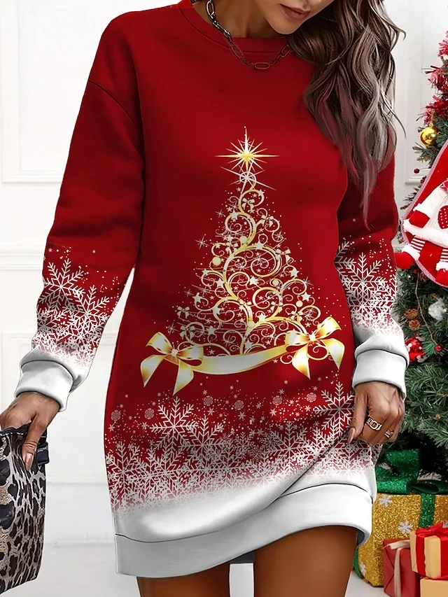 Women‘s Christmas Casual Dress Sweatshirt Dress Mini Dress Warm Fashion Outdoor Holiday Crew Neck Print Tree Loose Fit Burgundy Blue Brown S M L XL XXL