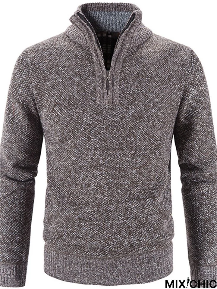 Men's Stand Collar Half Zipper Pullover Solid Color Knitting Sweater