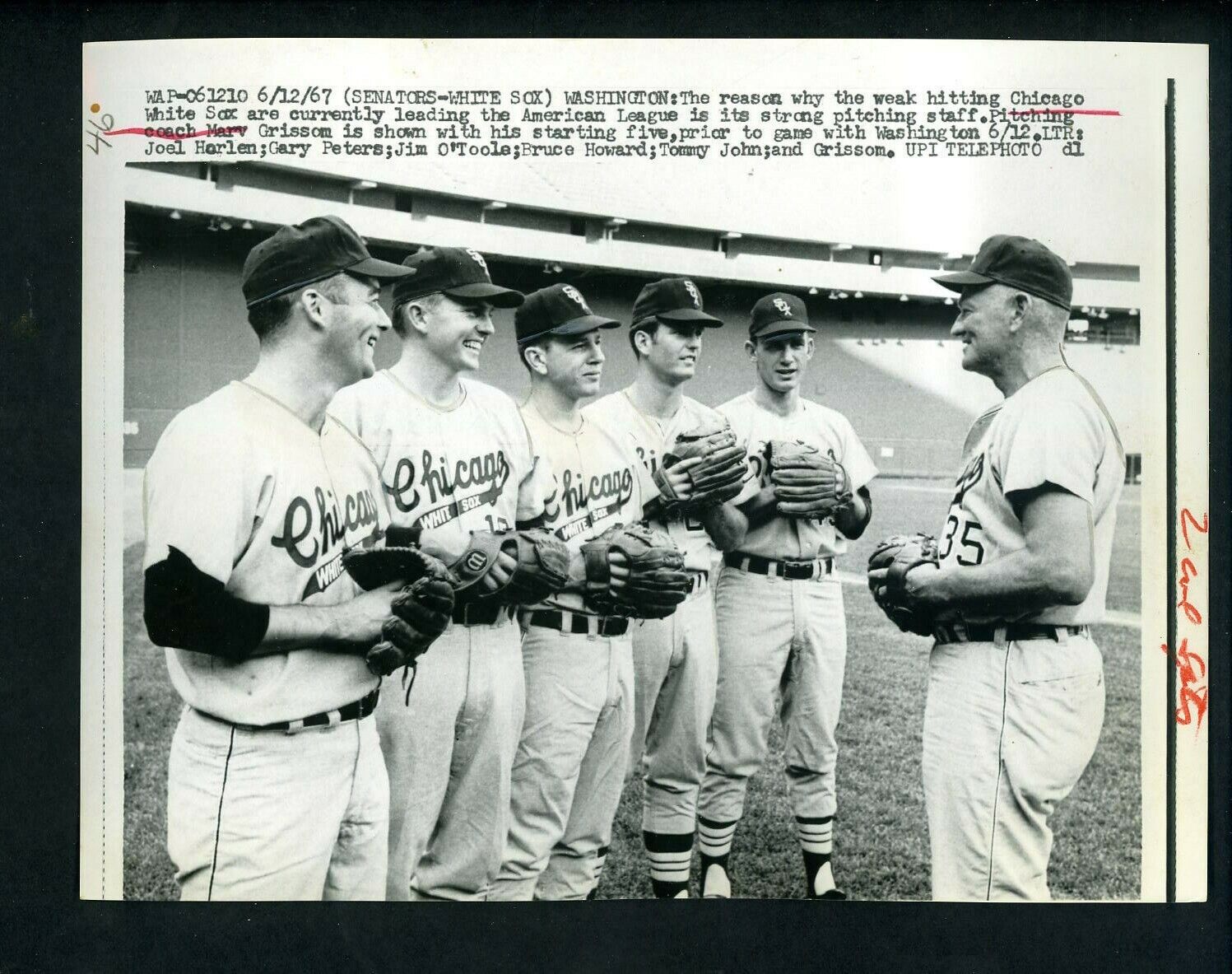 White Sox pitching staff Joel Horlen Peters O'Toole Tommy John 1967 Press Photo Poster painting