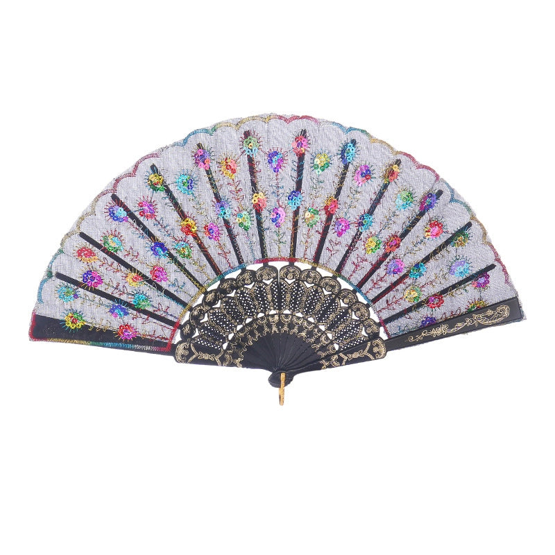 Black Rod Sequin Fan Embroidery Fan Dancing Folding Fan Peacock Fan Gift Folding Fan Fan Wing Chun Fan