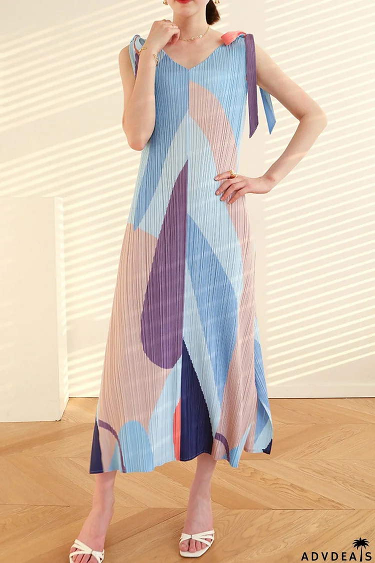 Fully Pleated Tie-Shoulder Print Dress