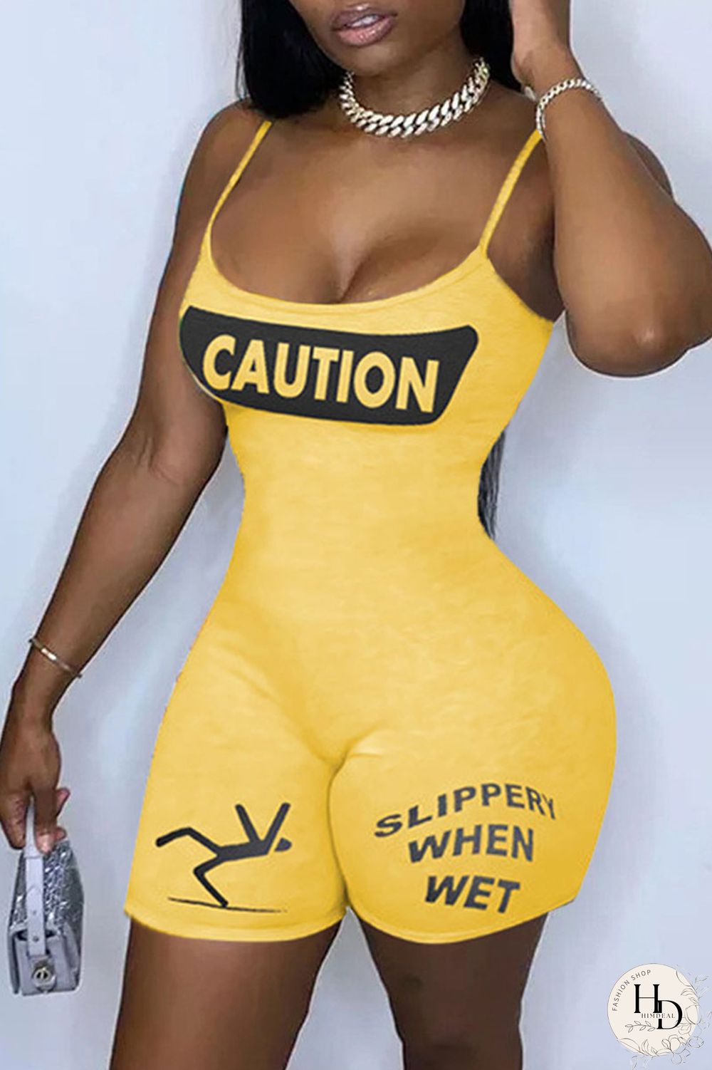 Yellow Sexy Print Split Joint Spaghetti Strap Regular Jumpsuits