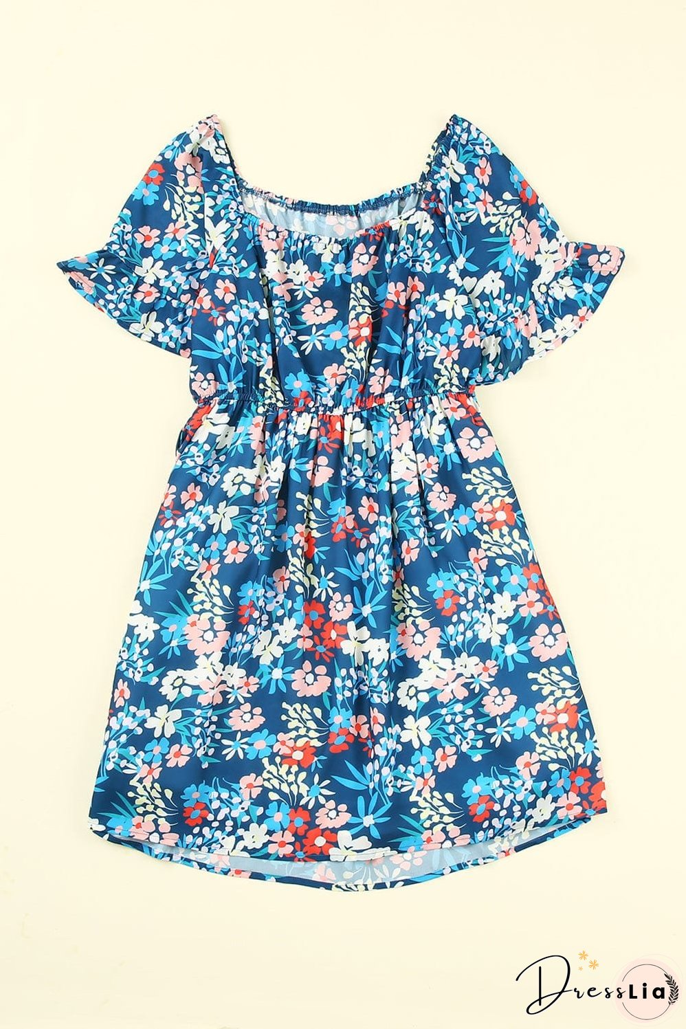 Blue Floral Ruffle Mini Dress with Square Neck